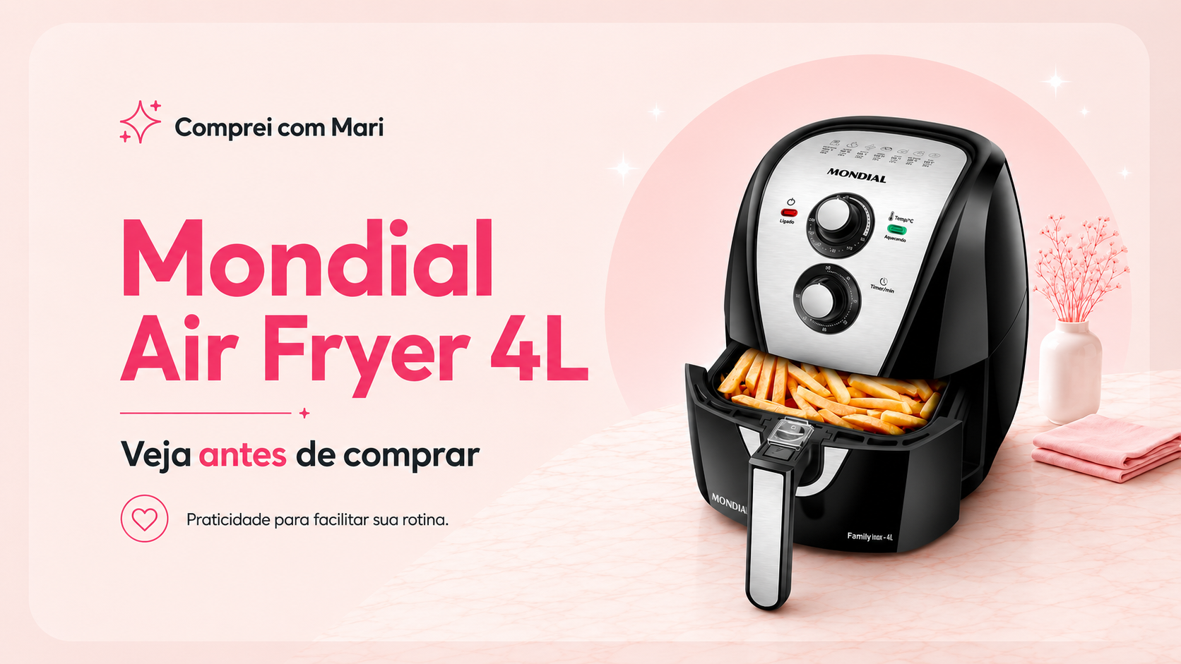 Imagem da Mondial Air Fryer 4L AFN-40 com destaque para capacidade de 4 litros, potência de 1500W e temperatura até 200°C.
