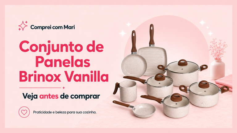 Imagem do Conjunto de Panelas 8 Peças Ceramic Life Smart Plus Vanilla da Brinox, com peças em tom claro e cabos marrons.