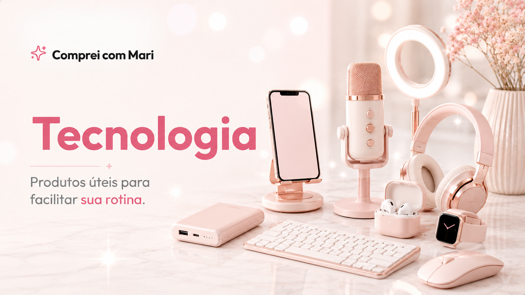 Banner da categoria Tecnologia com celular, microfone, fone, teclado, mouse e acessórios tecnológicos